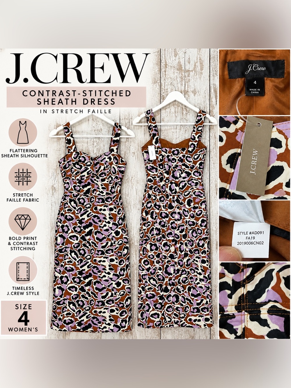 J.Crew Contrast-Stitched Sheath Dress Stretch Faille Leopard Print Size 4 NWT